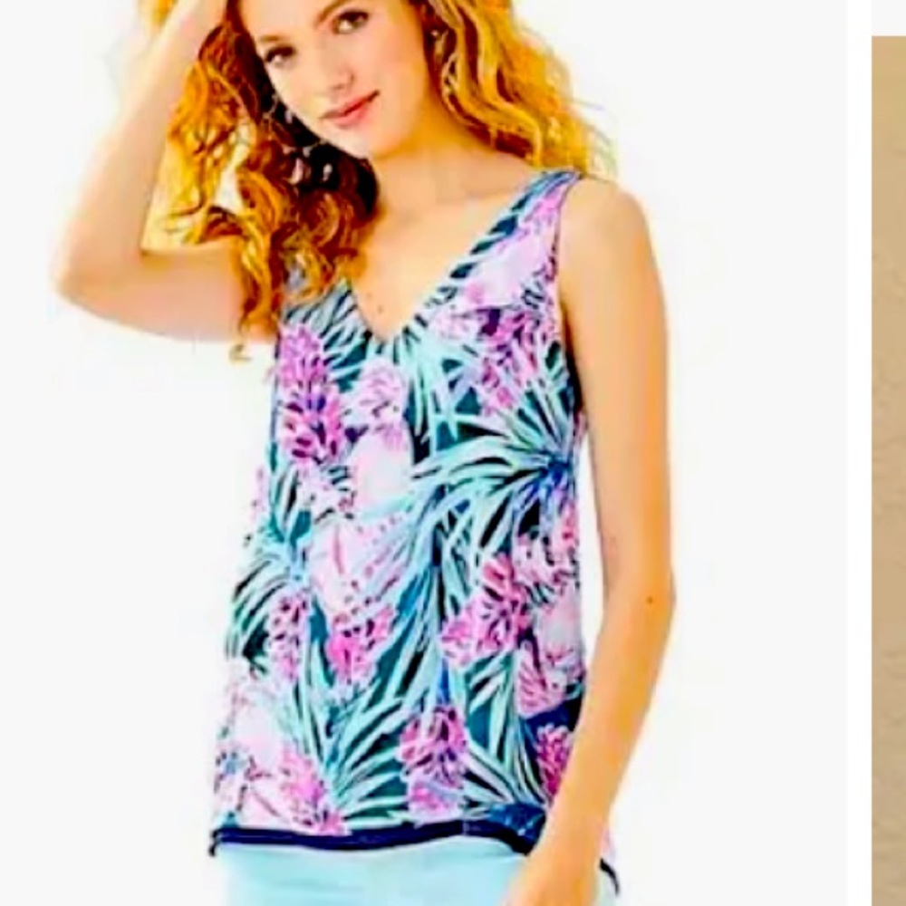 Lilly Pulitzer Florin XS Jungle teal floral reversible double V Tank Lileeze